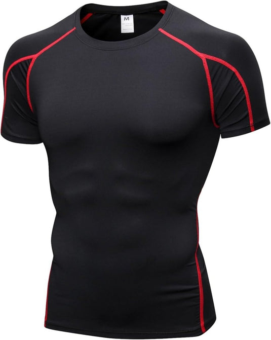 Verbeter je prestaties met dit beperkte compressieshirt voor heren, een zwart sneldrogend T-shirt met rode naden, korte mouwen en een strakke pasvorm voor optimaal spierherstel, getoond op een torso etalagepop.