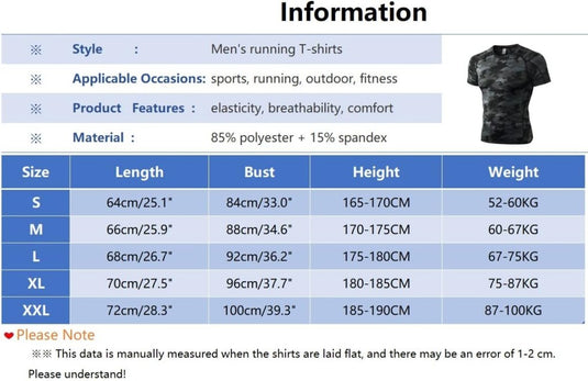 Maattabel voor "Verbeter je prestaties met dit versleten compressieshirt voor heren" met gedetailleerde maten, lengtes, borstomvang, hoogte en gewichtsbereiken. Gemaakt van 85% polyester en 15% spandex voor een sneldrogende finish. Inclusief opmerking over kleine meetfouten.