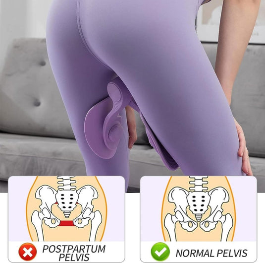 Een persoon gebruikt de Transformeer je workout trainer in de woonkamer; de onderstaande diagrammen illustreren de postpartum- en normale bekkenanatomie.