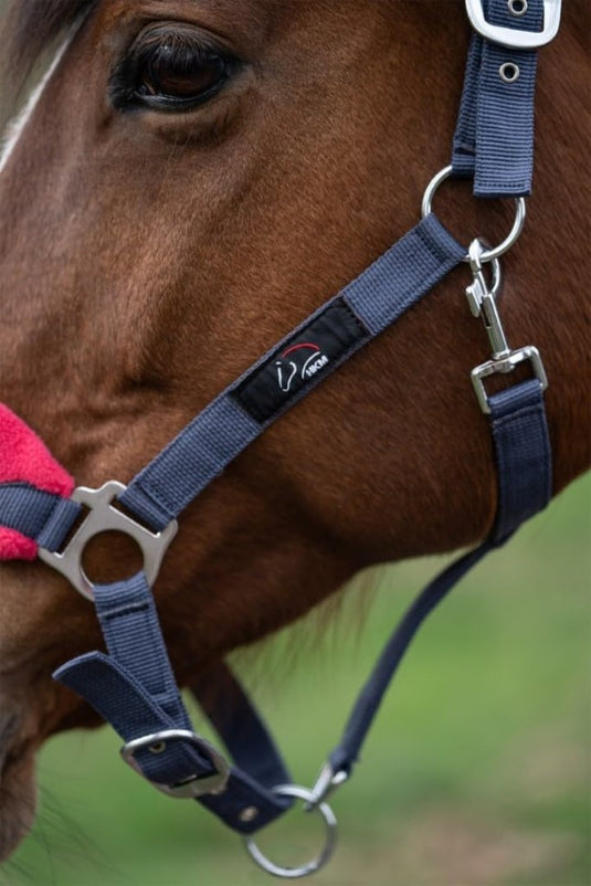 HKM Holster met gebreide karabijnhaak & vliegenfranjes, grijs/roze, pony - happygetfit.com
