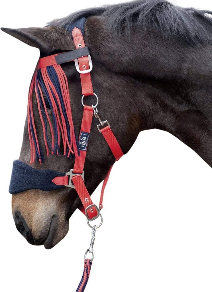 Laad afbeelding in Galerijviewer, HKM Holster met gebreide karabijnhaak &amp; vliegenfranjes, grijs/roze, pony - happygetfit.com
