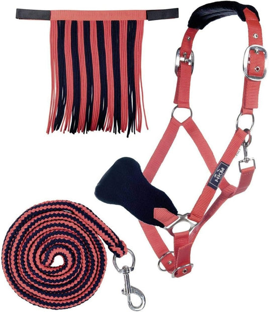 HKM Holster met gebreide karabijnhaak & vliegenfranjes, grijs/roze, pony - happygetfit.com
