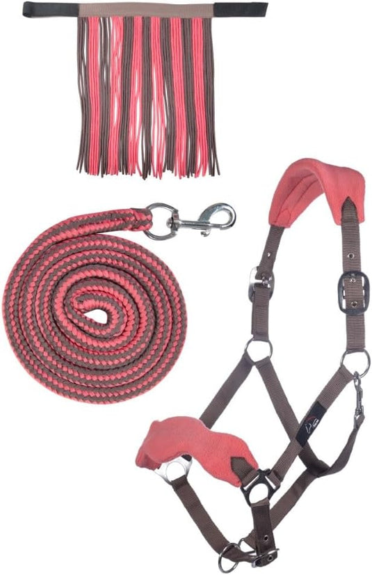 HKM Holster met gebreide karabijnhaak & vliegenfranjes, grijs/roze, pony - happygetfit.com