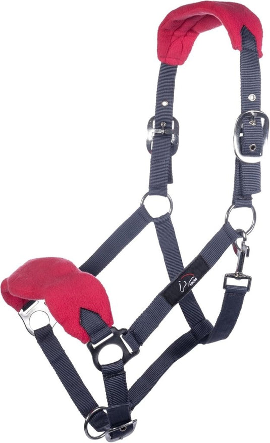HKM Holster met gebreide karabijnhaak & vliegenfranjes, grijs/roze, pony - happygetfit.com