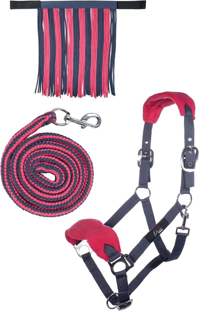 Laad afbeelding in Galerijviewer, HKM Holster met gebreide karabijnhaak &amp; vliegenfranjes, grijs/roze, pony - happygetfit.com
