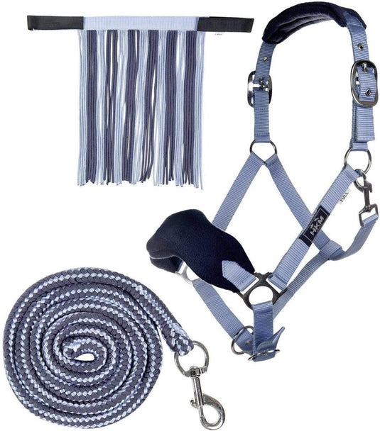 HKM Holster met gebreide karabijnhaak & vliegenfranjes, grijs/roze, pony - happygetfit.com