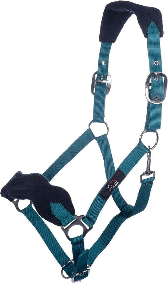 HKM Holster met gebreide karabijnhaak & vliegenfranjes, grijs/roze, pony - happygetfit.com