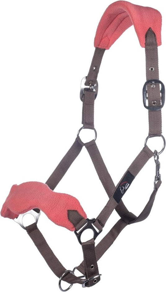 HKM Holster met gebreide karabijnhaak & vliegenfranjes, grijs/roze, pony - happygetfit.com