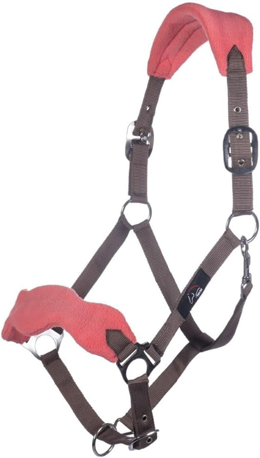 HKM Holster met gebreide karabijnhaak & vliegenfranjes, grijs/roze, pony - happygetfit.com