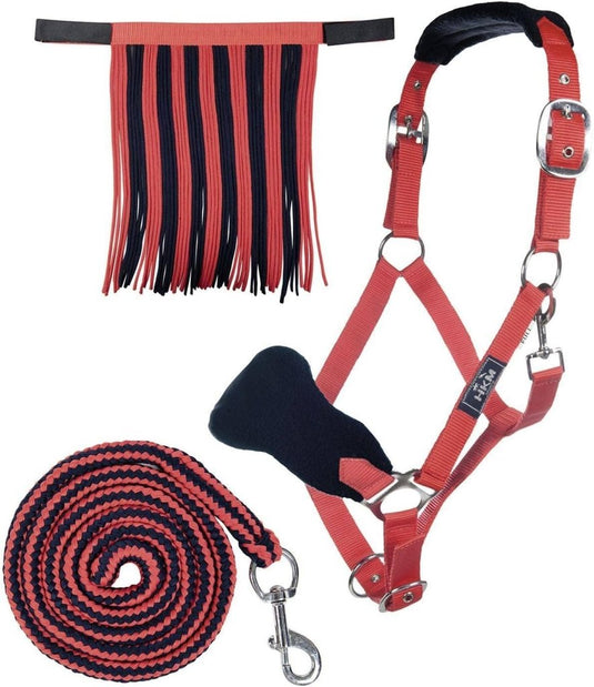 HKM Holster met gebreide karabijnhaak & vliegenfranjes, grijs/roze, pony - happygetfit.com