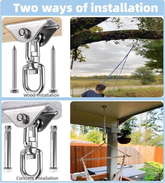 HOMPER 360° draaibare plafondhaak, 304 roestvrij staal, capaciteit 450 kg, met M8 karabijnhaak, schommelhaak voor hangstoel, beton, hout, yoga, hangmat, stoel, zandzak, wandhaak, gym (Zwart) - happygetfit.com