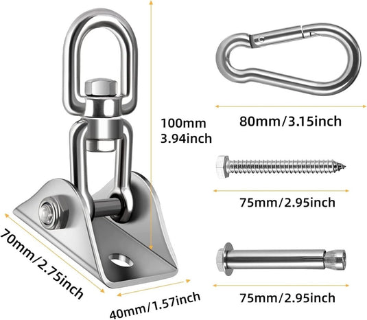 HOMPER 360° draaibare plafondhaak, 304 roestvrij staal, capaciteit 450 kg, met M8 karabijnhaak, schommelhaak voor hangstoel, beton, hout, yoga, hangmat, stoel, zandzak, wandhaak, gym (Zwart) - happygetfit.com