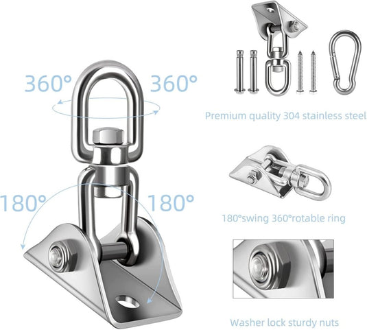 HOMPER 360° draaibare plafondhaak, 304 roestvrij staal, capaciteit 450 kg, met M8 karabijnhaak, schommelhaak voor hangstoel, beton, hout, yoga, hangmat, stoel, zandzak, wandhaak, gym (Zwart) - happygetfit.com