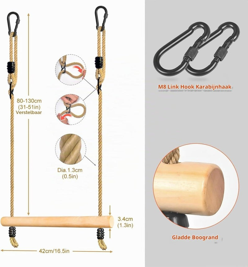 Carica l’immagine nel visualizzatore della galleria, Houten trapezestang voor kinderen 42 cm met verstelbare ophangtouwen – turnschommel – speeltoestel - happygetfit.com
