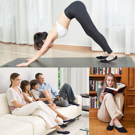 Hually Yoga Sokken, (2 stuks) Antislip Pilates Sokken voor Dames, Grips & Straps, Ideaal voor Pilates, Pure Barre, Ballet, Dans, Zwart en Grijs - happygetfit.com