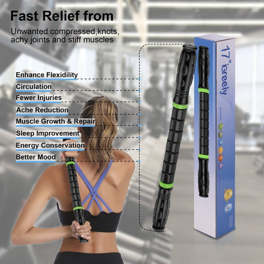iGreely Premium Muscle Roller the Ultimate Massage Roller Stick 17 Inches Recommended By Physical Therapists Promotes Recovery Fast Relief for Cramps Soreness Tight Muscles Black - happygetfit.com