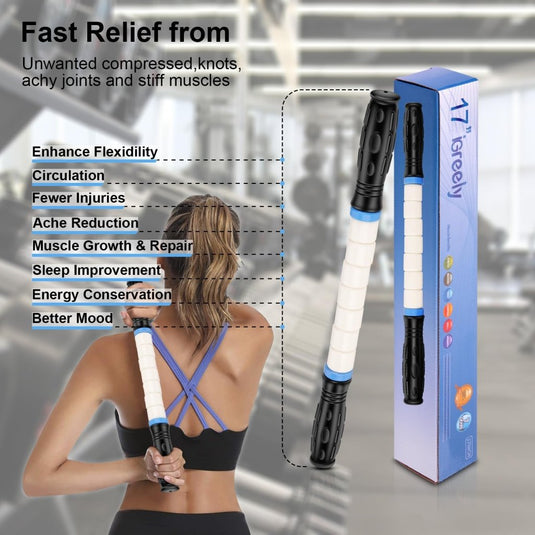 iGreely Premium Muscle Roller the Ultimate Massage Roller Stick 17 Inches Recommended By Physical Therapists Promotes Recovery Fast Relief for Cramps Soreness Tight Muscles Black - happygetfit.com
