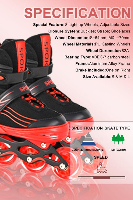 Inlineskates voor kinderen, in grootte verstelbare inline skates voor kinderen, volwassenen, meisjes en jongens, inline skates, rolschaatsen voor binnen en buiten, rood - happygetfit.com
