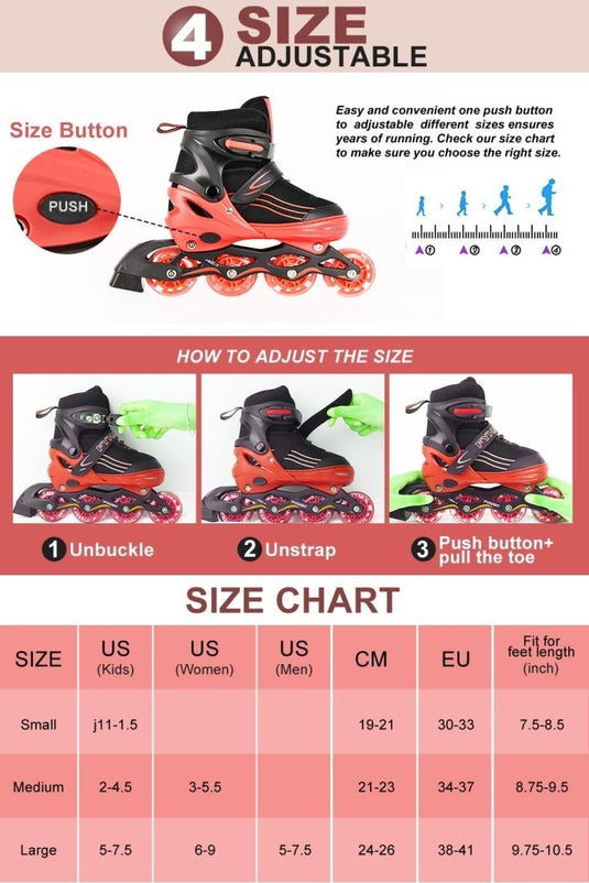 Inlineskates voor kinderen, in grootte verstelbare inline skates voor kinderen, volwassenen, meisjes en jongens, inline skates, rolschaatsen voor binnen en buiten, rood - happygetfit.com