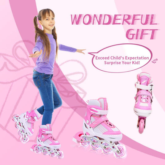 Inlineskates voor kinderen, in grootte verstelbare inline skates voor kinderen, volwassenen, meisjes en jongens, inline skates, rolschaatsen voor binnen en buiten, sakura roze - happygetfit.com