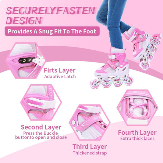 Inlineskates voor kinderen, in grootte verstelbare inline skates voor kinderen, volwassenen, meisjes en jongens, inline skates, rolschaatsen voor binnen en buiten, sakura roze - happygetfit.com