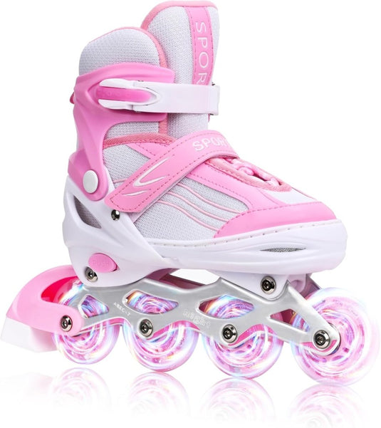 Inlineskates voor kinderen, in grootte verstelbare inline skates voor kinderen, volwassenen, meisjes en jongens, inline skates, rolschaatsen voor binnen en buiten, sakura roze - happygetfit.com