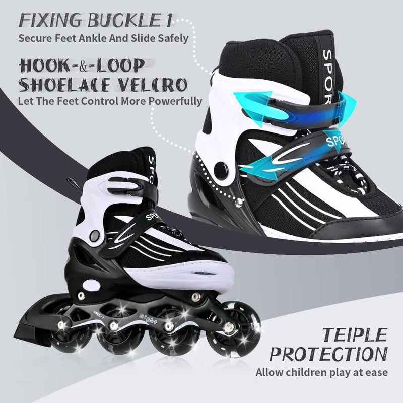 Laad afbeelding in Galerijviewer, Inlineskates voor kinderen, in grootte verstelbare inline skates voor kinderen, volwassenen, meisjes en jongens, inline skates, rolschaatsen voor binnen en buiten, zwart en wit - happygetfit.com
