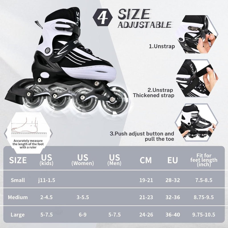 Laad afbeelding in Galerijviewer, Inlineskates voor kinderen, in grootte verstelbare inline skates voor kinderen, volwassenen, meisjes en jongens, inline skates, rolschaatsen voor binnen en buiten, zwart en wit (medium) - happygetfit.com
