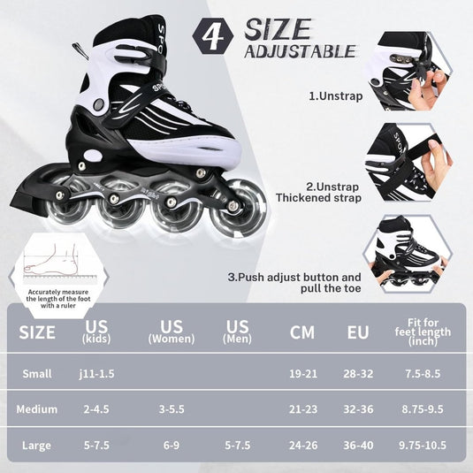 Inlineskates voor kinderen, in grootte verstelbare inline skates voor kinderen, volwassenen, meisjes en jongens, inline skates, rolschaatsen voor binnen en buiten, zwart en wit (medium) - happygetfit.com