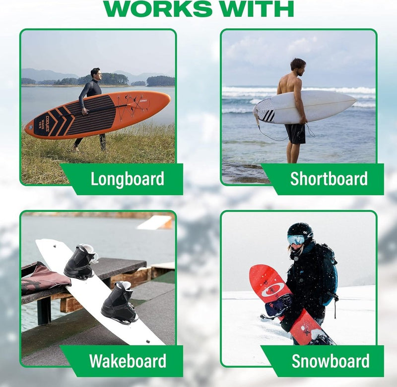 Load image into Gallery viewer, Boven vier afbeeldingen van een longboard, shortboard, wakeboard en snowboard in actie staat de tekst &quot;Works with&quot;. Elk board is verbeterd voor prestaties en stijl met opties zoals &quot;Jouw surfplank verdient een stijlvol display! 🏄‍♂️&quot; met bamboe surfplank muurbevestiging of massief hout voor duurzaamheid.
