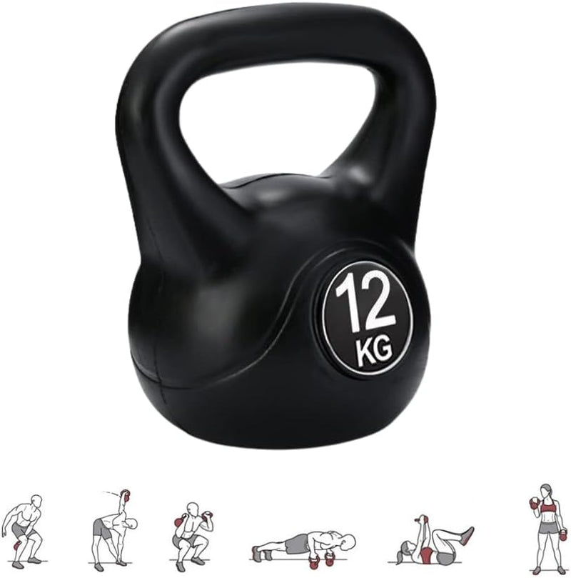 Load image into Gallery viewer, De perfecte workoutpartner: Kettlebell gewicht in zwart, weegt 12 kg, ideaal voor krachttraining. Voorzien van een ergonomische handgreep en inclusief illustraties om u te begeleiden bij squats en lunges.
