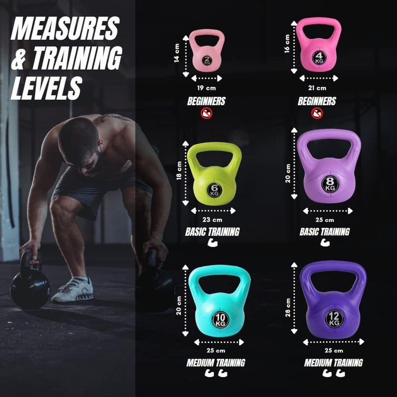 Load image into Gallery viewer, Een persoon gebruikt &quot;De perfecte workout partner: Kettlebell gewicht met ergonomische handgreep&quot; voor krachttraining. De afbeelding toont kettlebells voor verschillende niveaus: beginners (4, 6 kg), basic (8, 10 kg), en medium (10, 12 kg) met maatdetails.
