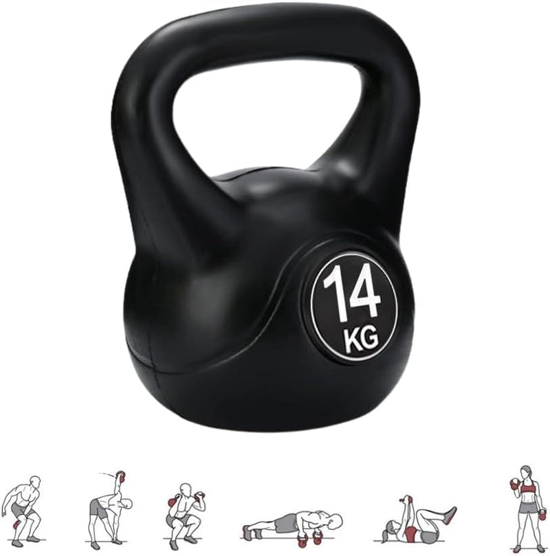 Load image into Gallery viewer, Het product &quot;De perfecte workoutpartner: Kettlebell gewicht met ergonomische handgreep&quot; is een zwarte kettlebell van 14 kg met een ergonomische handgreep, weergegeven naast illustraties van krachttrainingsoefeningen zoals squats, tillen en push-ups.
