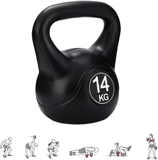 Het product "De perfecte workoutpartner: Kettlebell gewicht met ergonomische handgreep" is een zwarte kettlebell van 14 kg met een ergonomische handgreep, weergegeven naast illustraties van krachttrainingsoefeningen zoals squats, tillen en push-ups.
