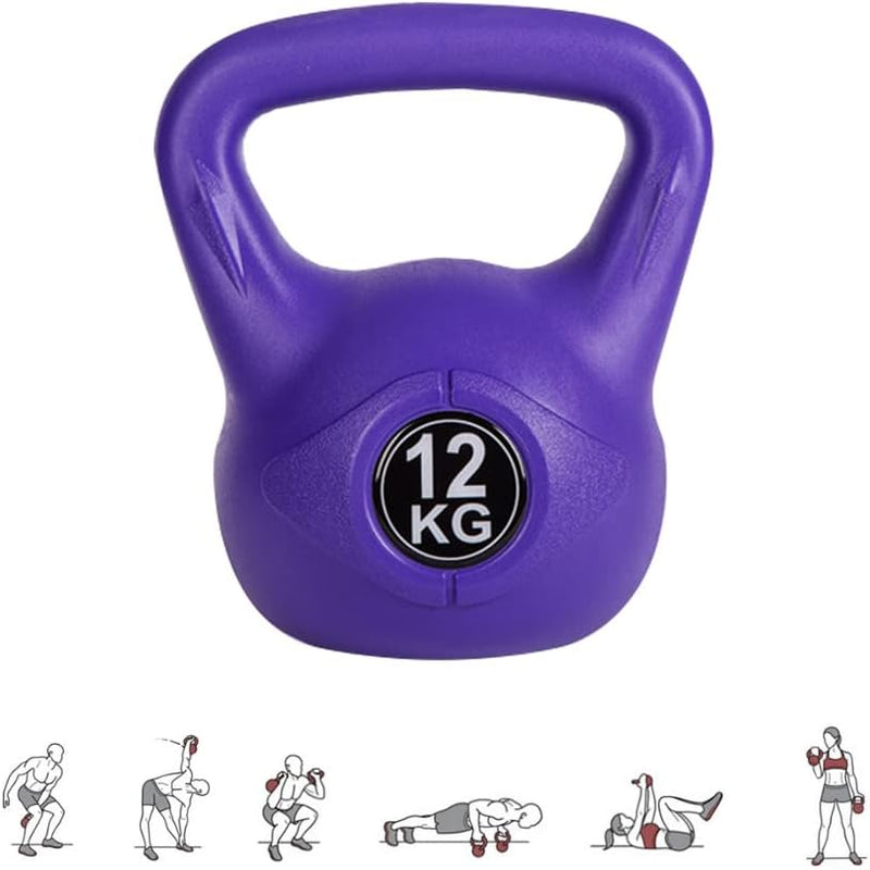 Load image into Gallery viewer, Een paarse kettlebell van 12 kg met een ergonomische handgreep en oefenillustraties van trainingen aan de onderkant, ideaal voor krachttraining. Product: De perfecte trainingspartner: Kettlebell gewicht met ergonomische handgreep.
