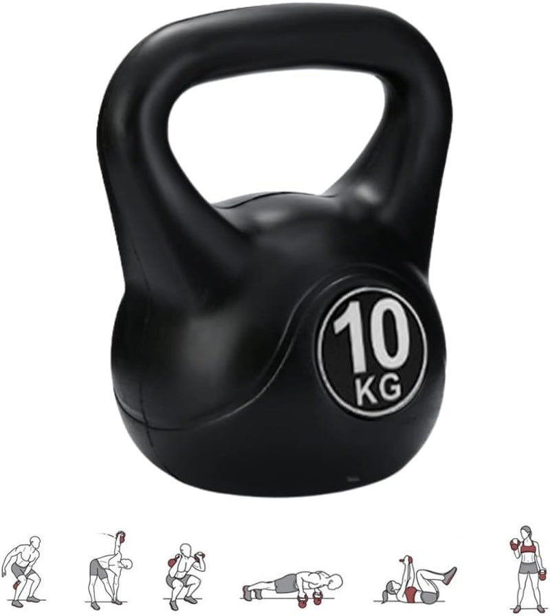 Load image into Gallery viewer, Er wordt een zwarte kettlebell van 10 kg getoond met de naam &quot;De perfecte workout partner: Kettlebell gewicht met ergonomische handgreep&quot;, vergezeld van kleine illustraties van verschillende kettlebell krachttraining houdingen.
