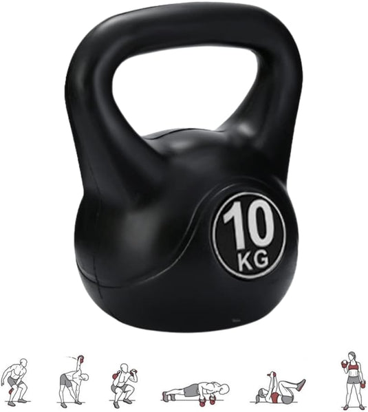 Er wordt een zwarte kettlebell van 10 kg getoond met de naam "De perfecte workout partner: Kettlebell gewicht met ergonomische handgreep", vergezeld van kleine illustraties van verschillende kettlebell krachttraining houdingen.