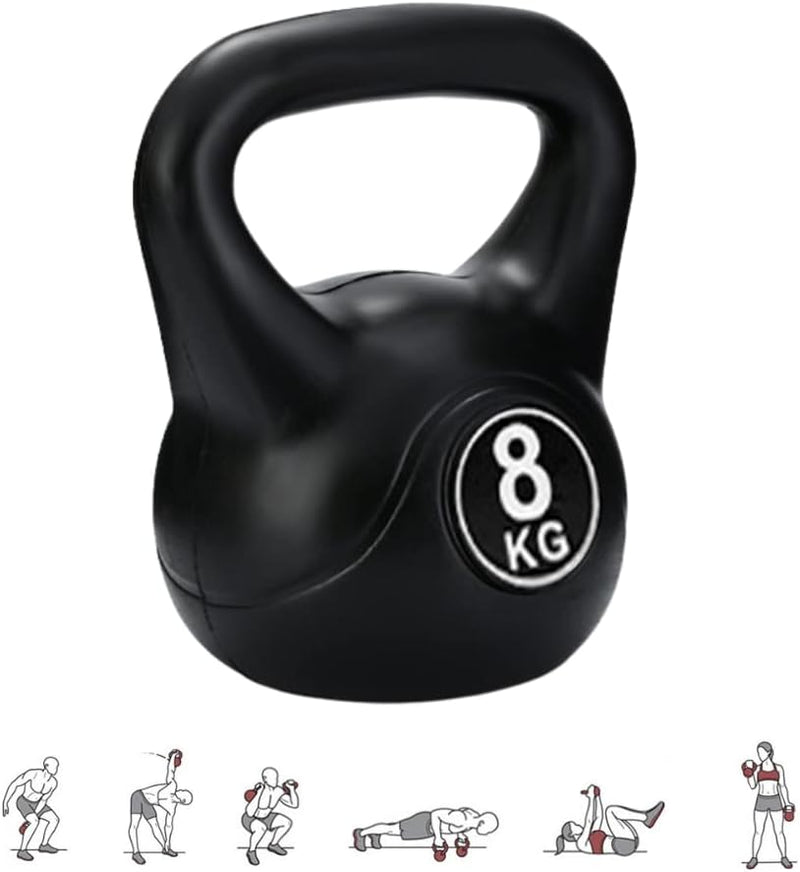Load image into Gallery viewer, Er wordt een zwarte kettlebell getoond met een label van 8 kg, genaamd &quot;De perfecte workoutpartner: Kettlebell gewicht met ergonomische handgreep.&quot; Onderstaande iconen tonen diverse oefeningen, ideaal voor krachttraining.
