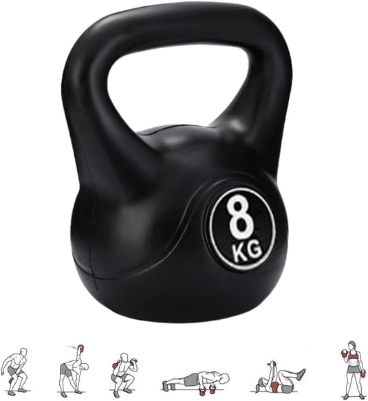 Er wordt een zwarte kettlebell getoond met een label van 8 kg, genaamd "De perfecte workoutpartner: Kettlebell gewicht met ergonomische handgreep." Onderstaande iconen tonen diverse oefeningen, ideaal voor krachttraining.