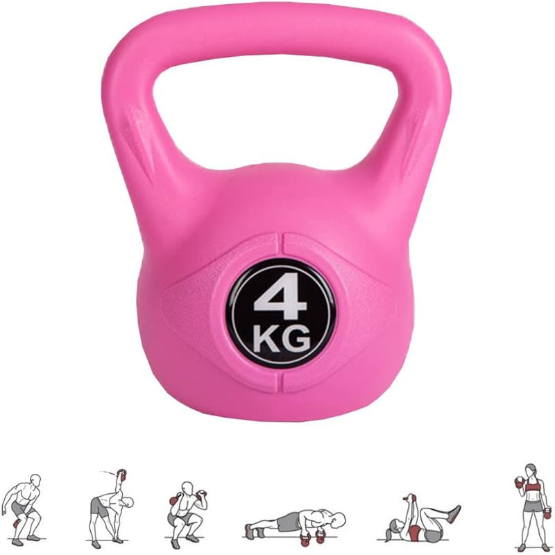 Load image into Gallery viewer, De perfecte workoutpartner: 4 kg roze kettlebell met ergonomische handgreep. Zes kleine illustraties tonen verschillende kettlebell oefeningen ideaal zijn voor krachttraining.
