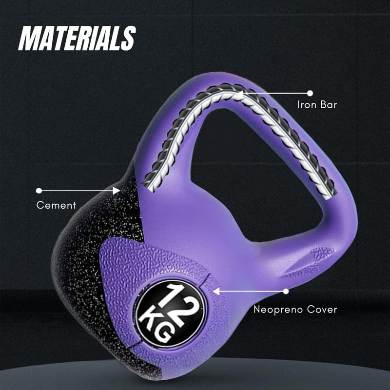 Load image into Gallery viewer, De afbeelding toont &quot;De perfecte workoutpartner: Kettlebell gewicht met ergonomische handgreep&quot;, een paarse kettlebell van 12 kg met een ergonomisch ijzeren staafhandvat, cementlichaam en neopreen hoes, ontworpen voor krachttraining.
