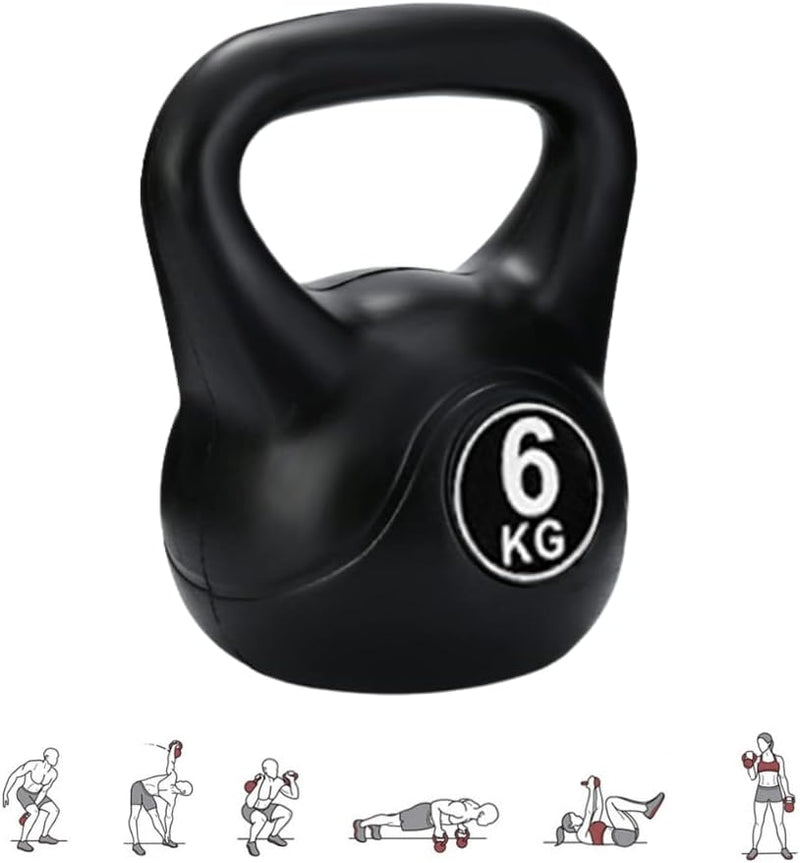 Load image into Gallery viewer, Een zwarte kettlebell van 6 kg, De perfecte trainingspartner: Kettlebell gewicht met ergonomische handgreep, inclusief kleine illustraties met krachttrainingsoefeningen zoals squats en armlifts.

