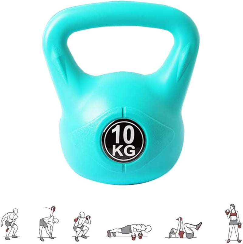 Load image into Gallery viewer, De 10 kg zware turquoise Kettlebell, &quot;De perfecte workout partner&quot;, heeft een ergonomische handgreep voor comfort en controle, met geïllustreerde oefenpictogrammen die verschillende krachttrainingshoudingen laten zien om uw routine te verbeteren.
