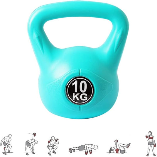 De 10 kg zware turquoise Kettlebell, "De perfecte workout partner", heeft een ergonomische handgreep voor comfort en controle, met geïllustreerde oefenpictogrammen die verschillende krachttrainingshoudingen laten zien om uw routine te verbeteren.
