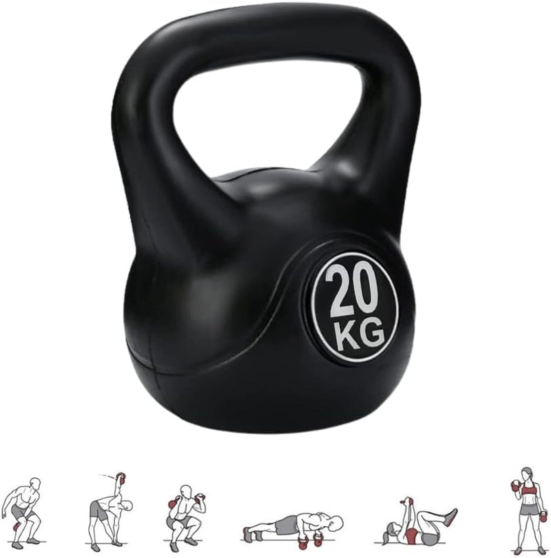 Load image into Gallery viewer, De Kettlebell gewicht, De perfecte workout partner, is een zwarte kettlebell van 20 kg voor krachttraining, voorzien van een illustratie van zes oefenposities en een ergonomische handgreep voor een stevige grip tijdens de training.
