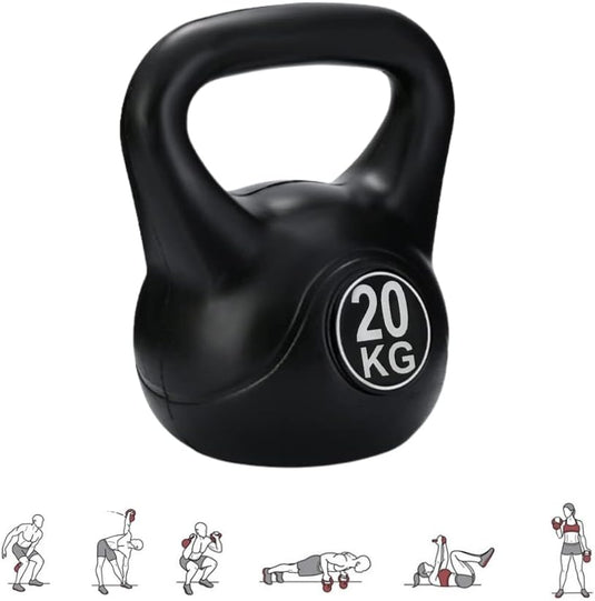 De Kettlebell gewicht, De perfecte workout partner, is een zwarte kettlebell van 20 kg voor krachttraining, voorzien van een illustratie van zes oefenposities en een ergonomische handgreep voor een stevige grip tijdens de training.