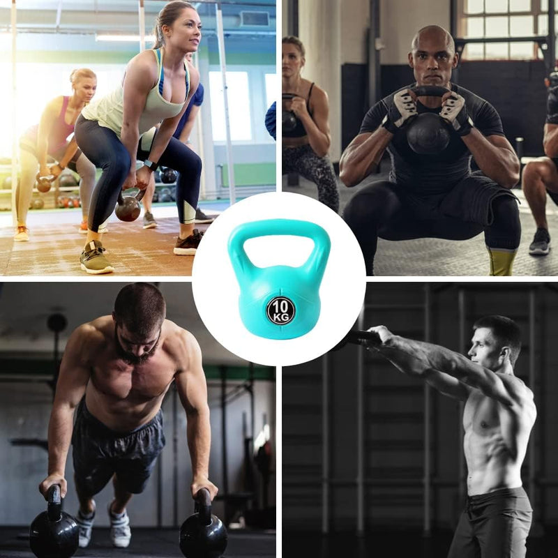 Load image into Gallery viewer, Een collage van vier personen die de kettlebell gebruiken, wat de veelzijdigheid ervan in krachttraining illustreert. Centraal staat de 10 kg blauwe kettlebell, &quot;De perfecte workout partner,&quot; met een ergonomische handgreep voor optimale grip.
