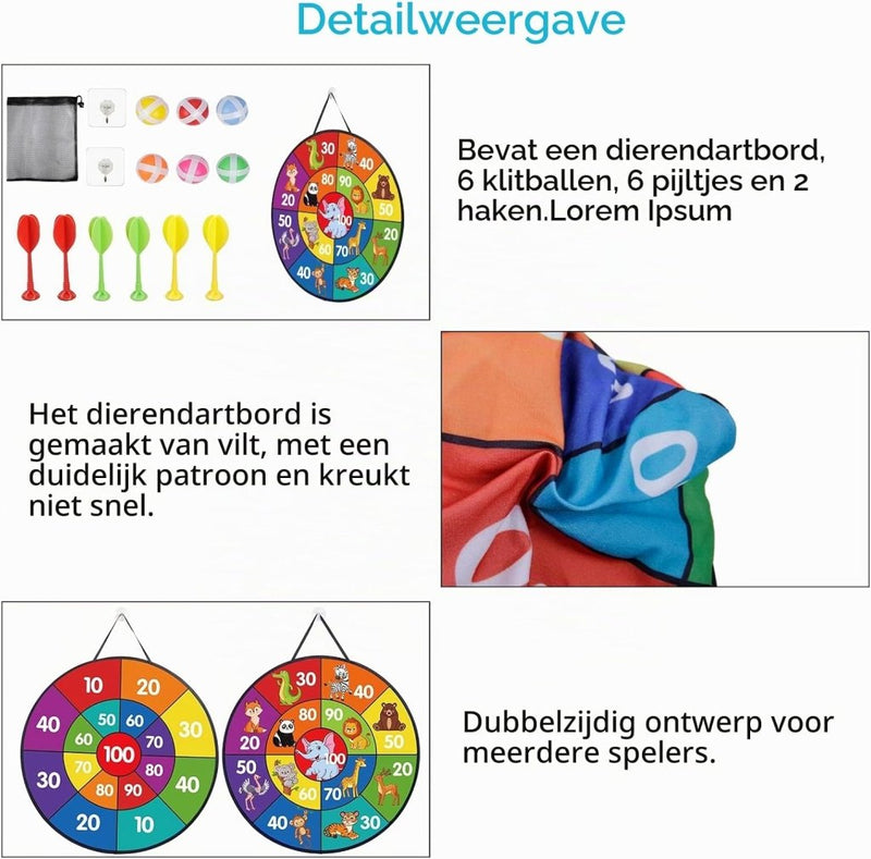 Charger l’image dans la visionneuse de galerie, Kinderdartspel 66 cm met dubbelzijdig dierenbord, 6 kleefballen en 6 dartpijlen – mikvaardigheid – speelplezier - happygetfit.com

