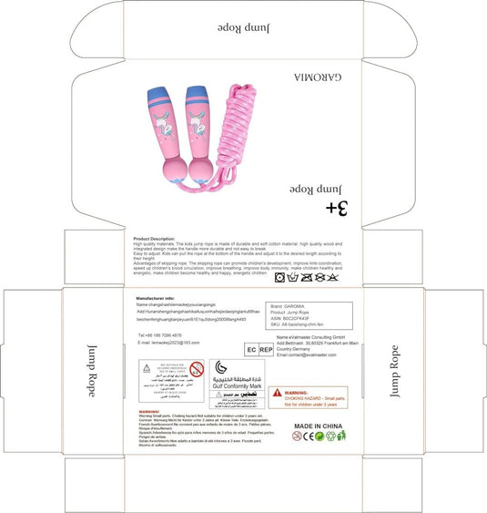 Verpakkingsontwerp voor "Het perfecte kinderspringtouw voor eindeloos speelplezier!" benadrukt roze handvatten met eenhoornafbeeldingen en een gevlochten touw. Met tekst over geschiktheid voor de leeftijd, fabrikant en productbeschrijving. Ideaal voor een krachtige ontwikkeling terwijl je plezier hebt!.