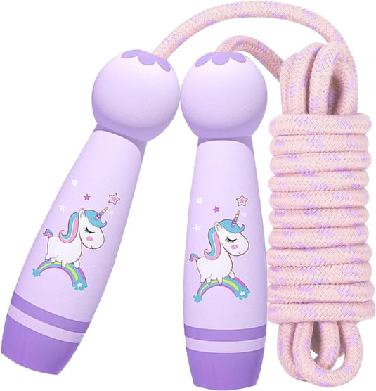 Het perfecte kinderspringtouw voor eindeloos speelplezier heeft paars touw met roze eenhoornhandvatten, ideaal voor het ondersteunen van de lichamelijke ontwikkeling.